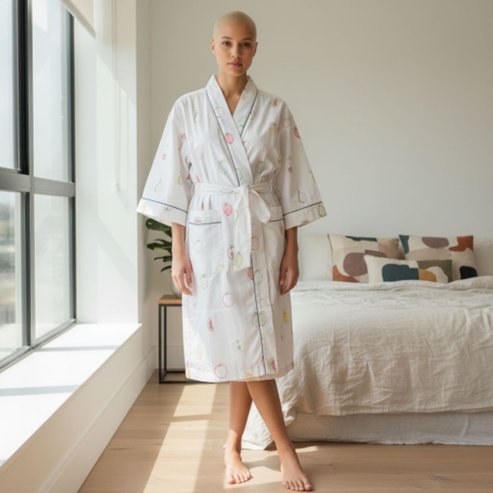 Printfresh Fruit Embroidered Robe Organic Cotton Belted Kimono NWT L/XL White